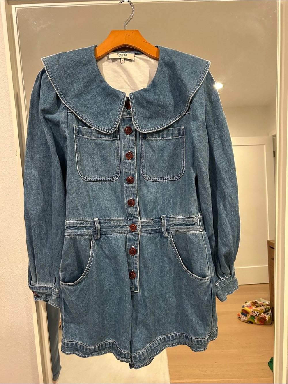 Sea Denim Romper Button-Front with Peter Pan Collar - Picture 4 of 6